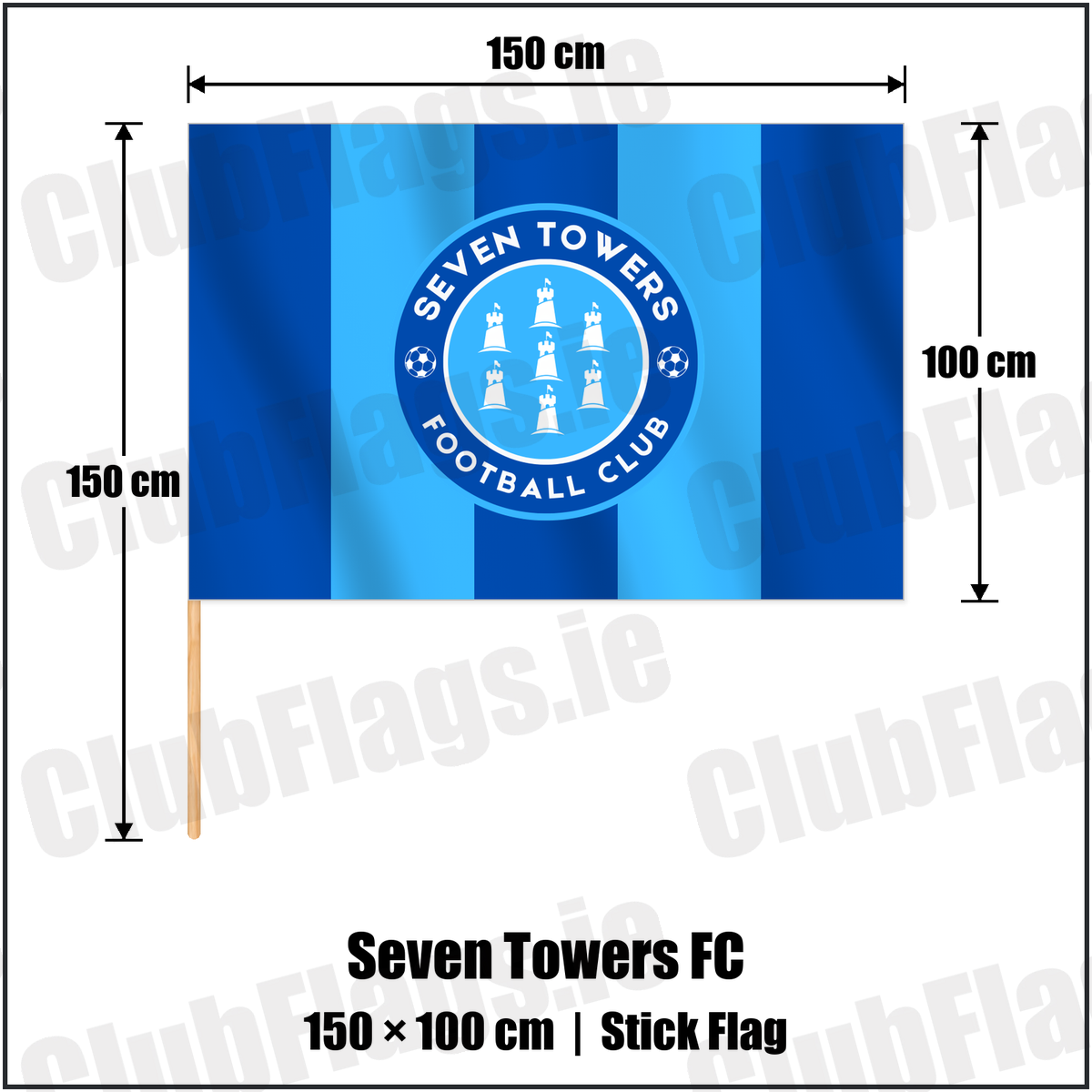 Seven Towers FC 100cm x 150cm Stick Flag with the club crest and colours, Antrim Football - ClubFlags.ie