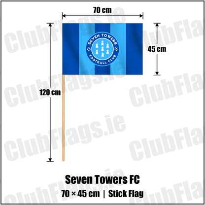 Seven Towers FC 45cm x 70cm Stick Flag with the club crest and colours, Antrim Football - ClubFlags.ie