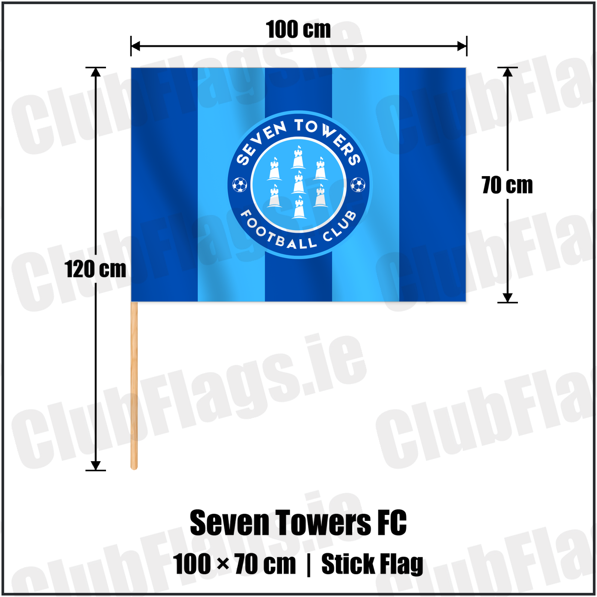 Seven Towers FC 70cm x 100cm Stick Flag with the club crest and colours, Antrim Football - ClubFlags.ie