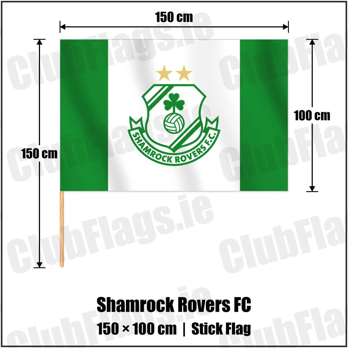 Shamrock Rovers FC 100cm x 150cm Stick Flag with the club crest and colours, Dublin Football - ClubFlags.ie