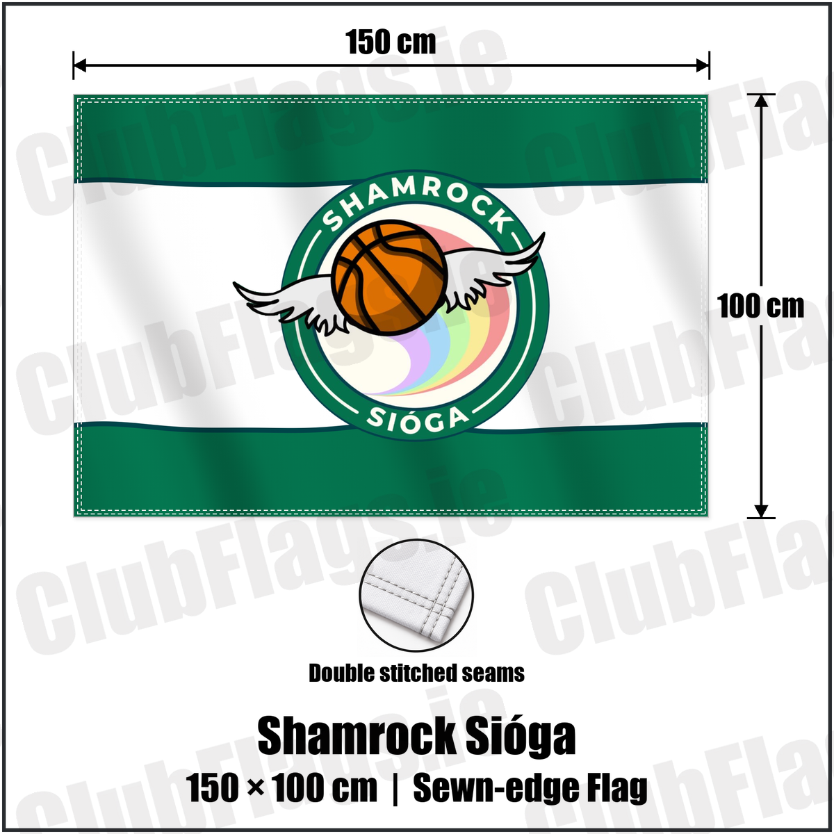 Shamrock Sióga 100cm x 150cm Flag (sewn on the edges) with the club crest and colours, Dublin Basketball - ClubFlags.ie
