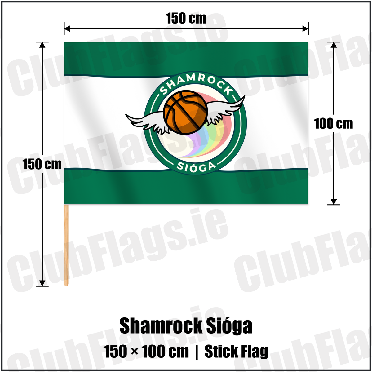Shamrock Sióga 100cm x 150cm Stick Flag with the club crest and colours, Dublin Basketball - ClubFlags.ie