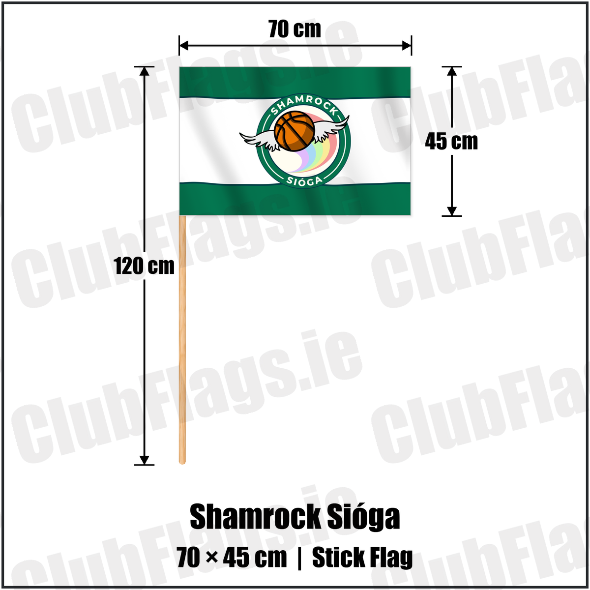 Shamrock Sióga 45cm x 70cm Stick Flag with the club crest and colours, Dublin Basketball - ClubFlags.ie