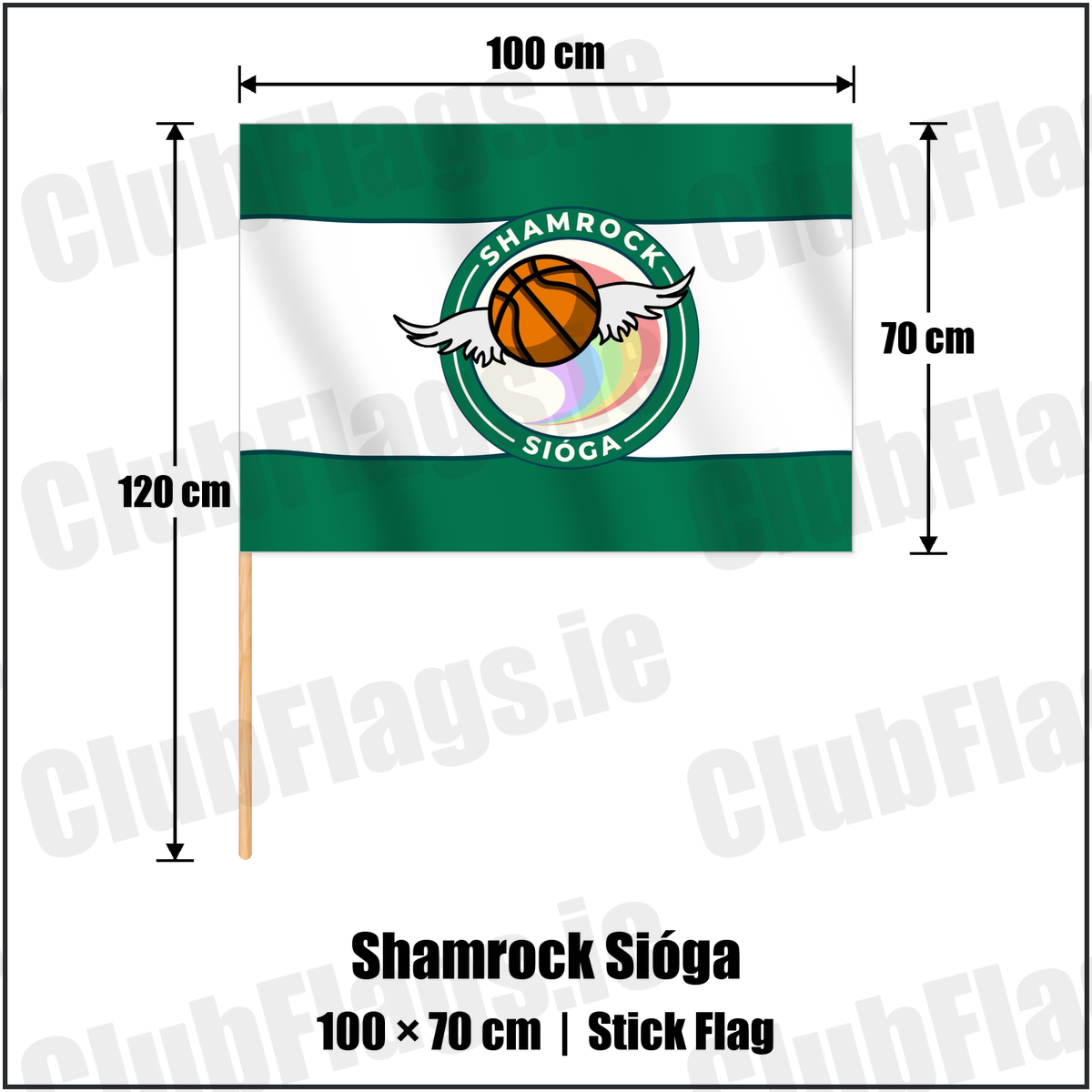 Shamrock Sióga 70cm x 100cm Stick Flag with the club crest and colours, Dublin Basketball - ClubFlags.ie