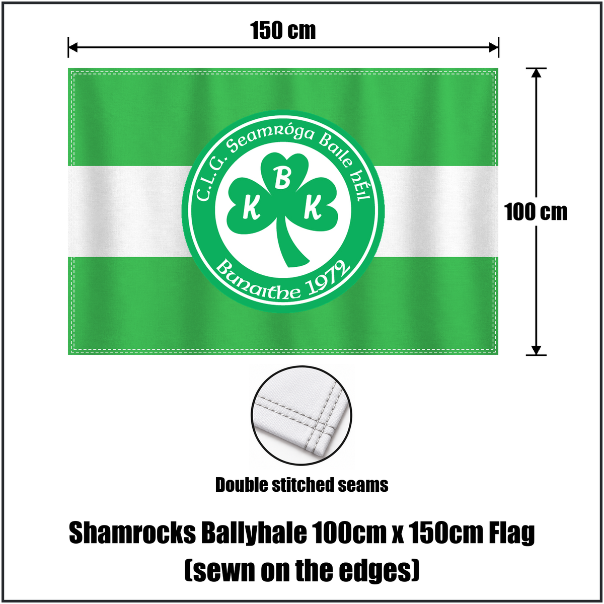 Shamrocks Ballyhale 100cm x 150cm Flag (sewn on the edges), featuring the club crest and green and white colours; County Kilkenny GAA. ClubFlags.ie.