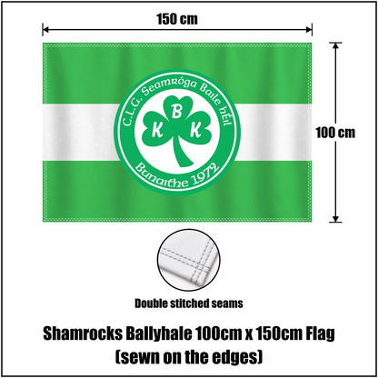 Shamrocks Ballyhale 100cm x 150cm Flag (sewn on the edges), featuring the club crest and green and white colours; County Kilkenny GAA. ClubFlags.ie.