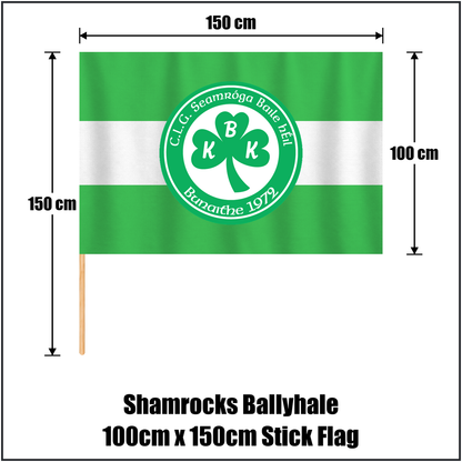 Shamrocks Ballyhale 100cm x 150cm Stick Flag, featuring the club crest and green and white colours; County Kilkenny GAA. ClubFlags.ie.