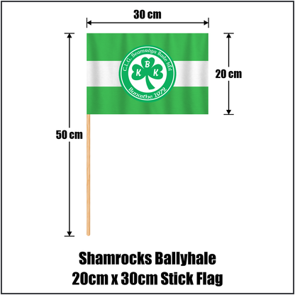 Shamrocks Ballyhale 20cm x 30cm Stick Flag, featuring the club crest and green and white colours; County Kilkenny GAA. ClubFlags.ie.