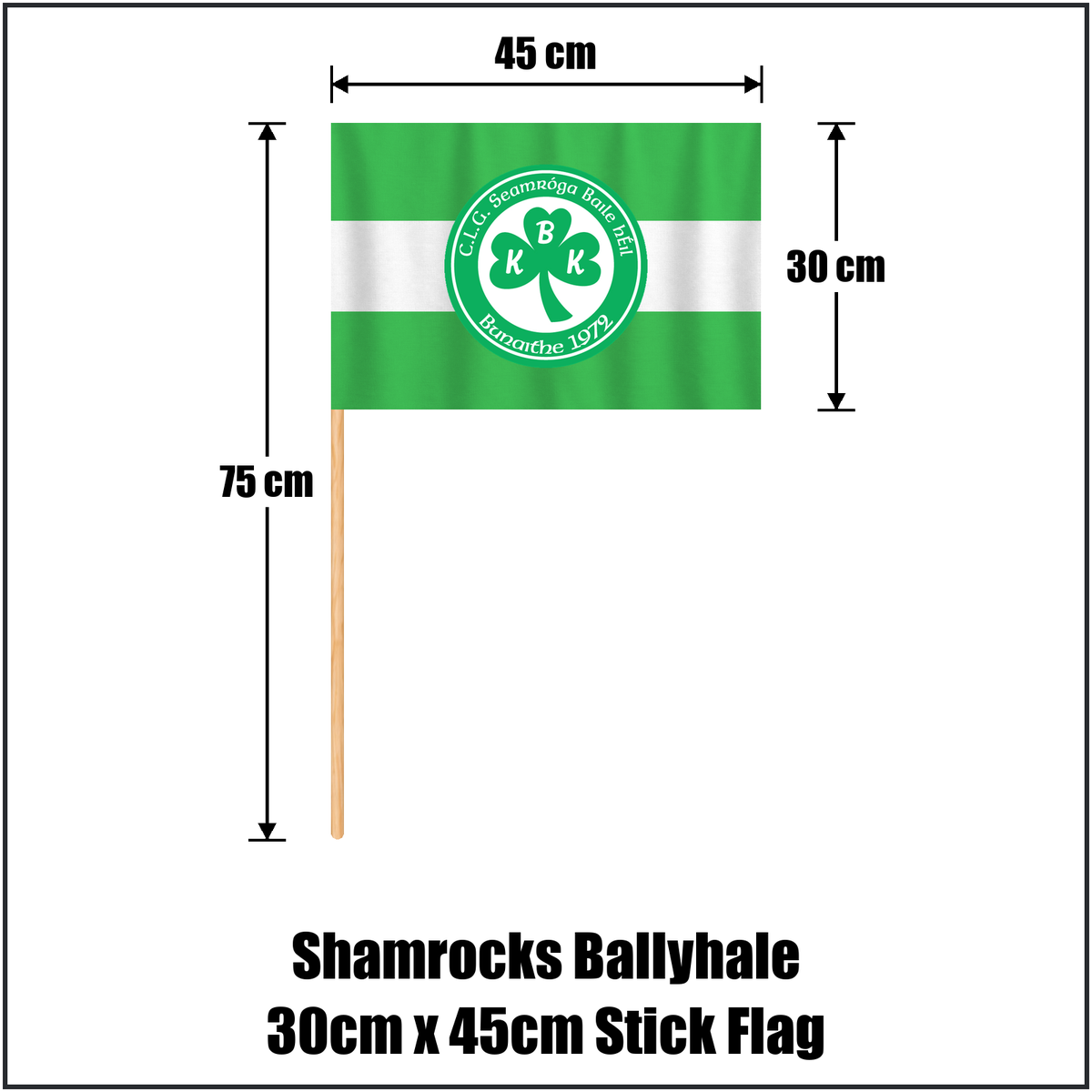 Shamrocks Ballyhale 30cm x 45cm Stick Flag, featuring the club crest and green and white colours; County Kilkenny GAA. ClubFlags.ie.