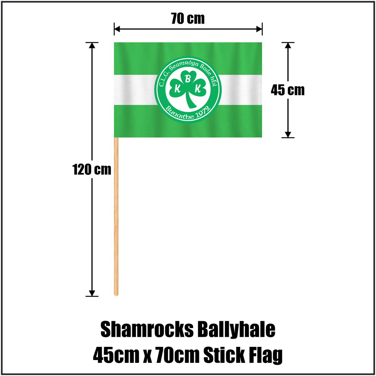 Shamrocks Ballyhale 45cm x 70cm Stick Flag, featuring the club crest and green and white colours; County Kilkenny GAA. ClubFlags.ie.