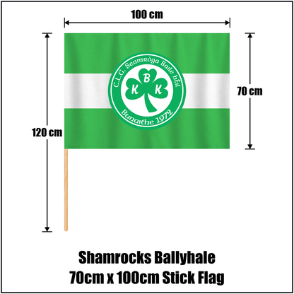 Shamrocks Ballyhale 70cm x 100cm Stick Flag, featuring the club crest and green and white colours; County Kilkenny GAA. ClubFlags.ie.
