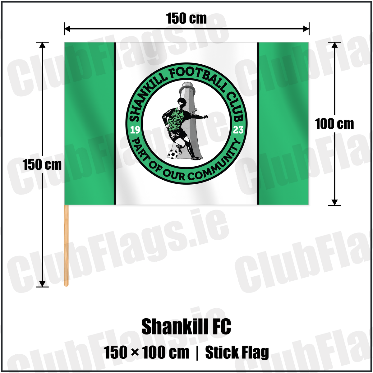 Shankill FC 100cm x 150cm Stick Flag with the club crest and colours, Dublin Football - ClubFlags.ie