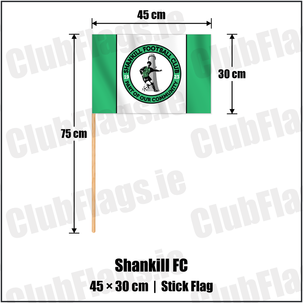 Shankill FC 30cm x 45cm Stick Flag with the club crest and colours, Dublin Football - ClubFlags.ie