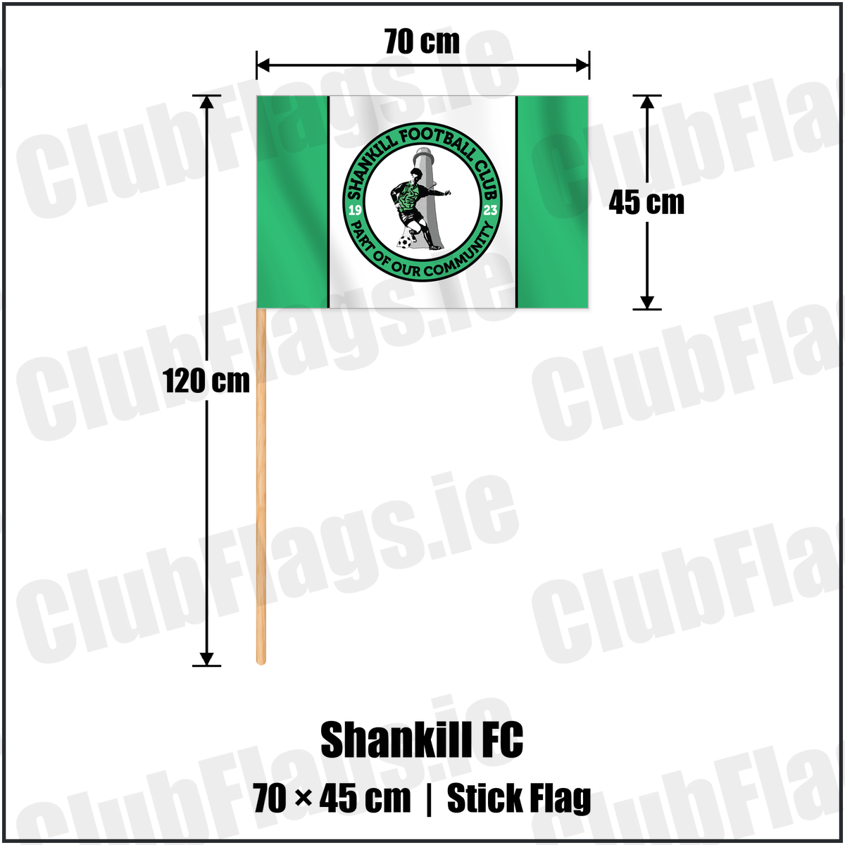 Shankill FC 45cm x 70cm Stick Flag with the club crest and colours, Dublin Football - ClubFlags.ie