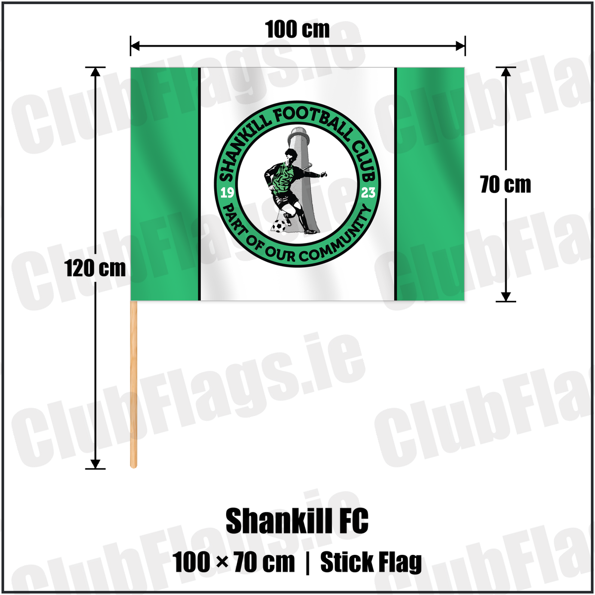 Shankill FC 70cm x 100cm Stick Flag with the club crest and colours, Dublin Football - ClubFlags.ie