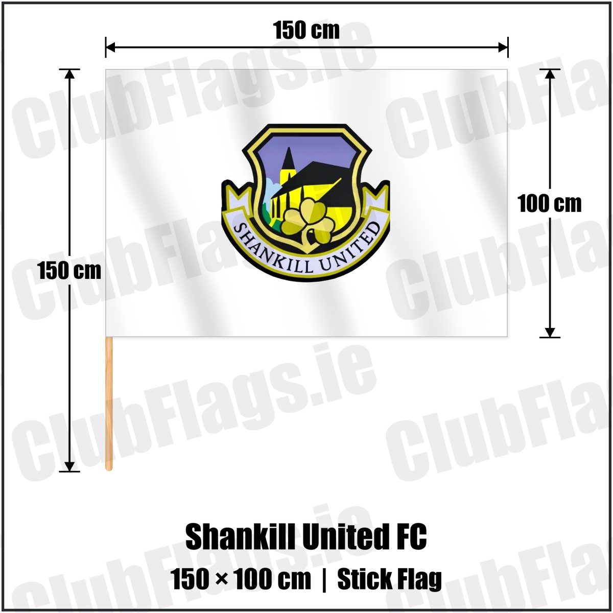 Shankill United FC 100cm x 150cm Stick Flag with the club crest and colours, Antrim Football - ClubFlags.ie