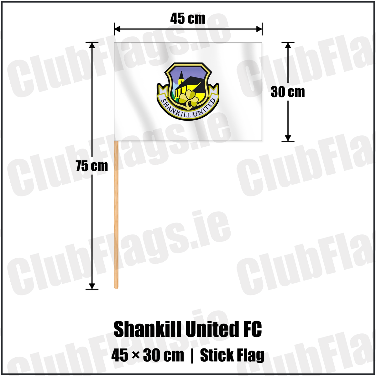 Shankill United FC 30cm x 45cm Stick Flag with the club crest and colours, Antrim Football - ClubFlags.ie