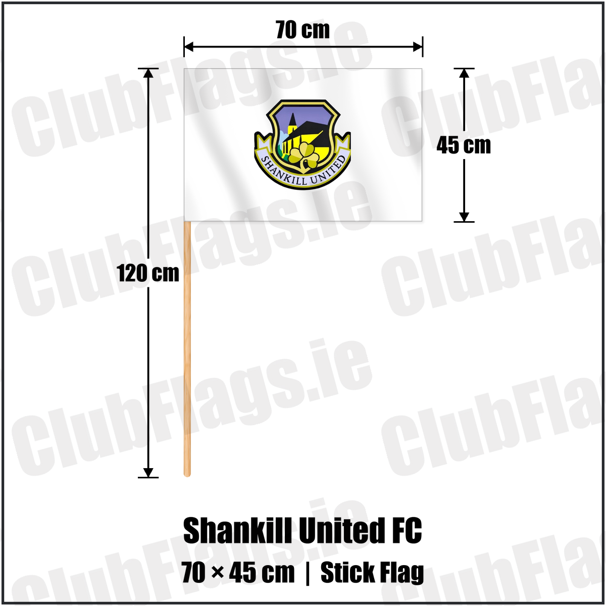 Shankill United FC 45cm x 70cm Stick Flag with the club crest and colours, Antrim Football - ClubFlags.ie