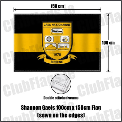 Shannon Gaels 100cm x 150cm Flag (sewn on the edges) in black and amber, featuring the club crest on realistic fabric with gentle vertical folds; County Cavan GAA. ClubFlags.ie.