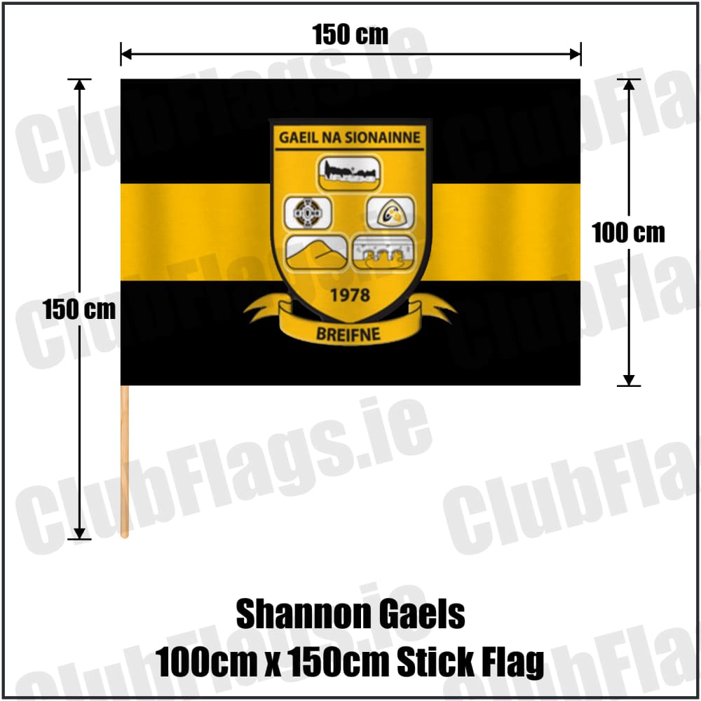 Shannon Gaels 100cm x 150cm Stick Flag in black and amber, featuring the club crest on realistic fabric with gentle vertical folds; County Cavan GAA. ClubFlags.ie.