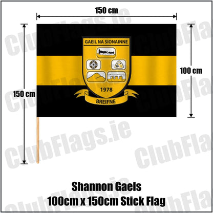 Shannon Gaels 100cm x 150cm Stick Flag in black and amber, featuring the club crest on realistic fabric with gentle vertical folds; County Cavan GAA. ClubFlags.ie.
