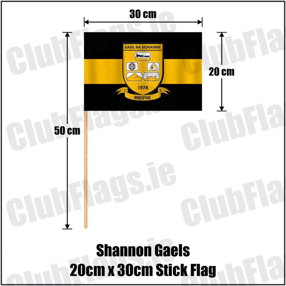 Shannon Gaels 20cm x 30cm Stick Flag in black and amber, featuring the club crest on realistic fabric with gentle vertical folds; County Cavan GAA. ClubFlags.ie.