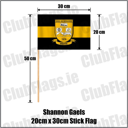 Shannon Gaels 20cm x 30cm Stick Flag in black and amber, featuring the club crest on realistic fabric with gentle vertical folds; County Cavan GAA. ClubFlags.ie.