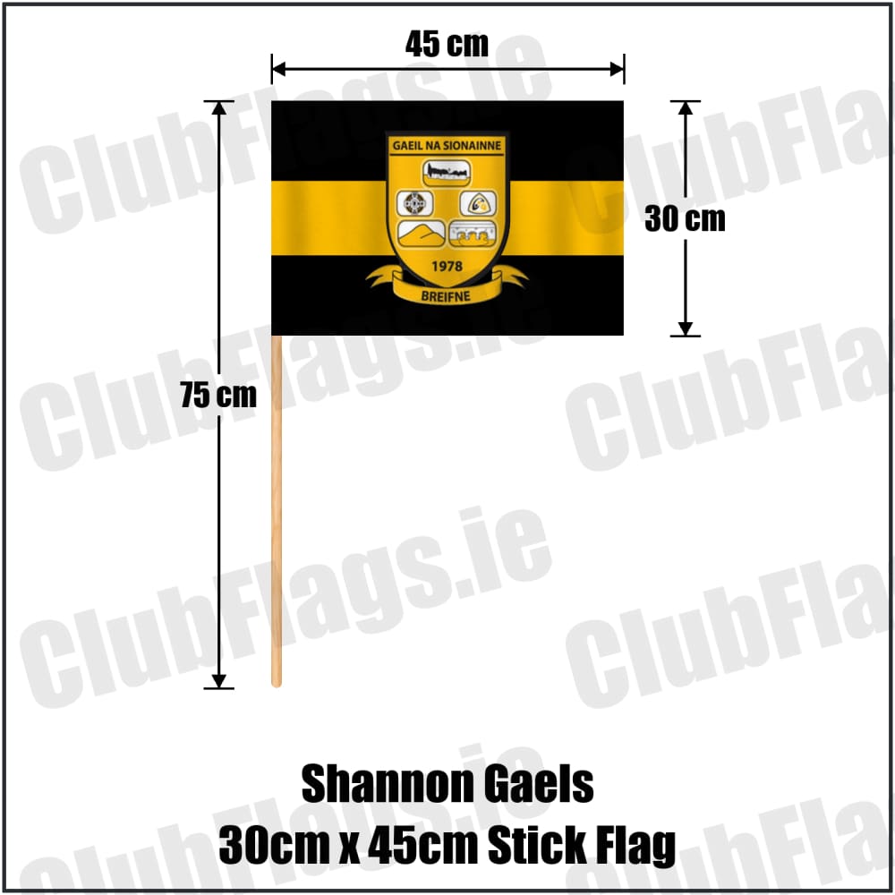 Shannon Gaels 30cm x 45cm Stick Flag in black and amber, featuring the club crest on realistic fabric with gentle vertical folds; County Cavan GAA. ClubFlags.ie.