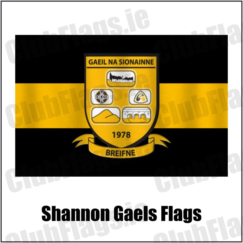 Shannon Gaels Flags in black and amber, featuring the club crest on realistic fabric with gentle vertical folds; County Cavan GAA. ClubFlags.ie.