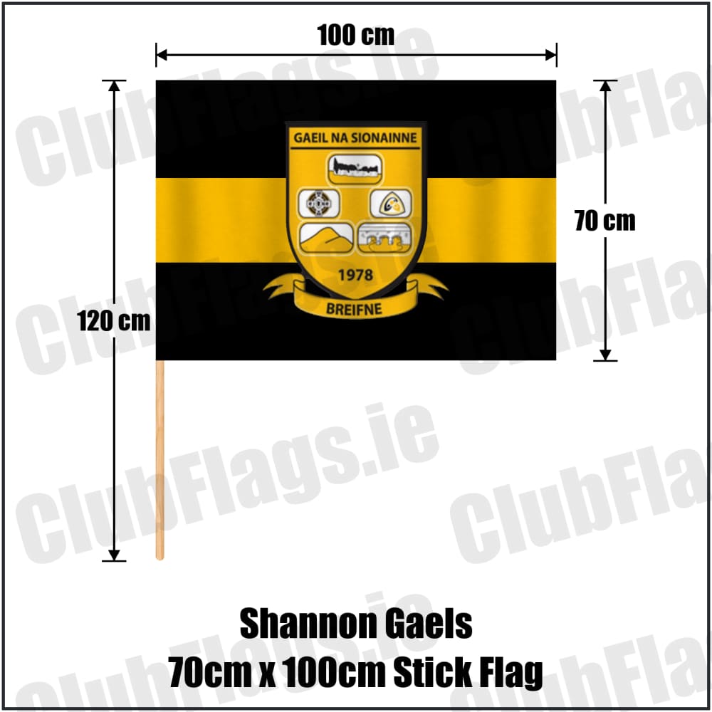 Shannon Gaels 70cm x 100cm Stick Flag in black and amber, featuring the club crest on realistic fabric with gentle vertical folds; County Cavan GAA. ClubFlags.ie.