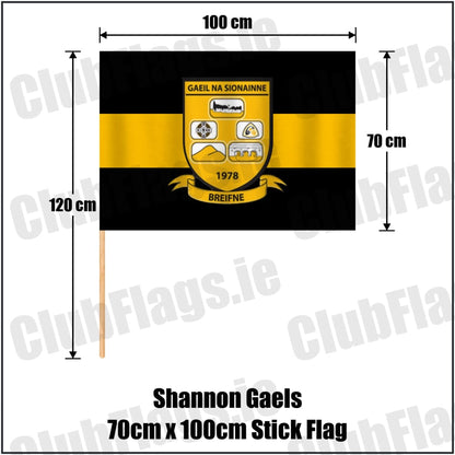 Shannon Gaels 70cm x 100cm Stick Flag in black and amber, featuring the club crest on realistic fabric with gentle vertical folds; County Cavan GAA. ClubFlags.ie.