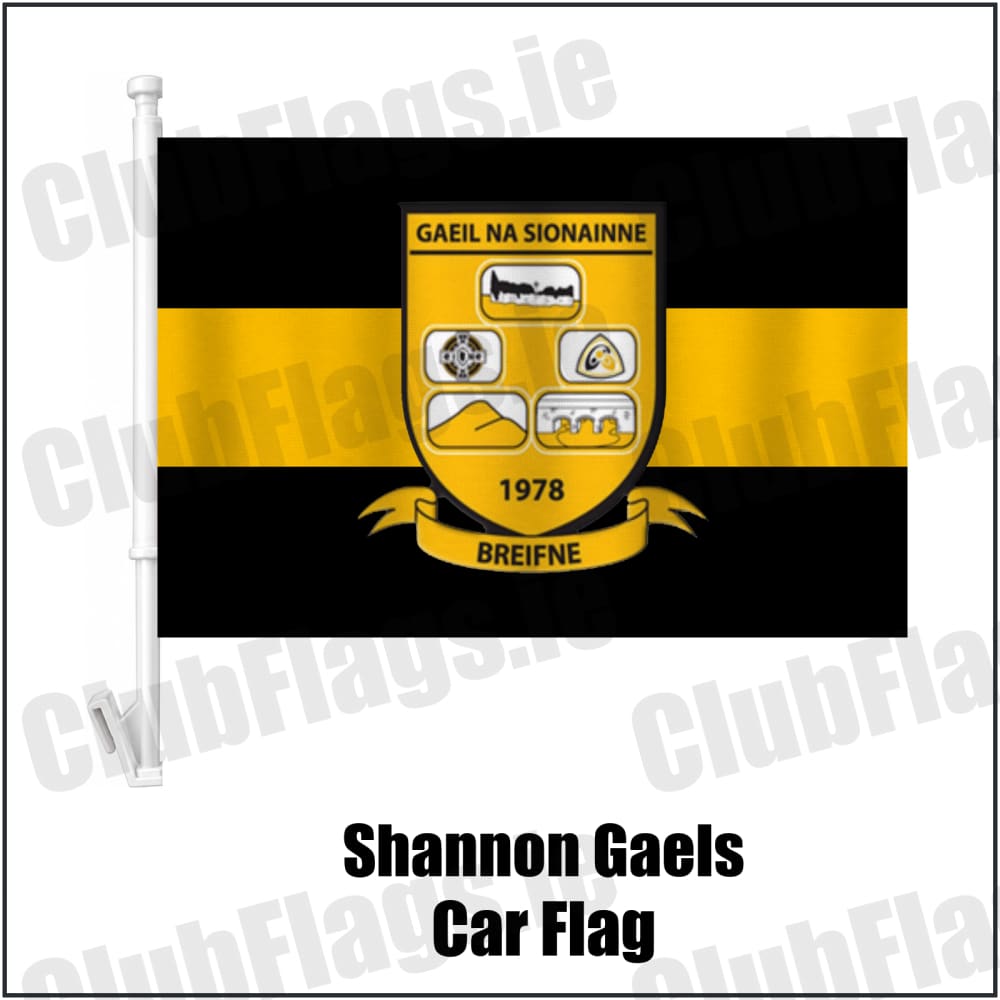 Shannon Gaels Car Flag in black and amber, featuring the club crest on realistic fabric with gentle vertical folds; County Cavan GAA. ClubFlags.ie.