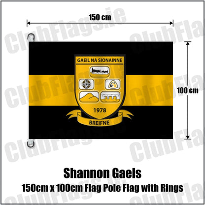Shannon Gaels 150cm x 100cm Flag Pole Flag with Rings in black and amber, featuring the club crest on realistic fabric with gentle vertical folds; County Cavan GAA. ClubFlags.ie.