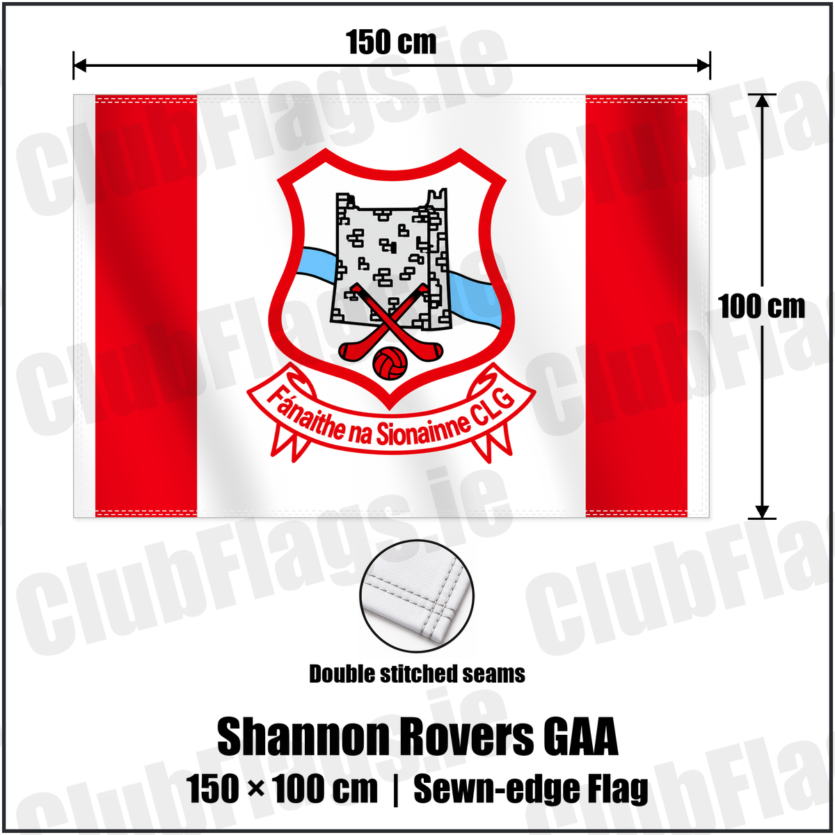 Shannon Rovers GAA 100cm x 150cm Flag (sewn on the edges) with the club crest and colours, Tipperary GAA - ClubFlags.ie