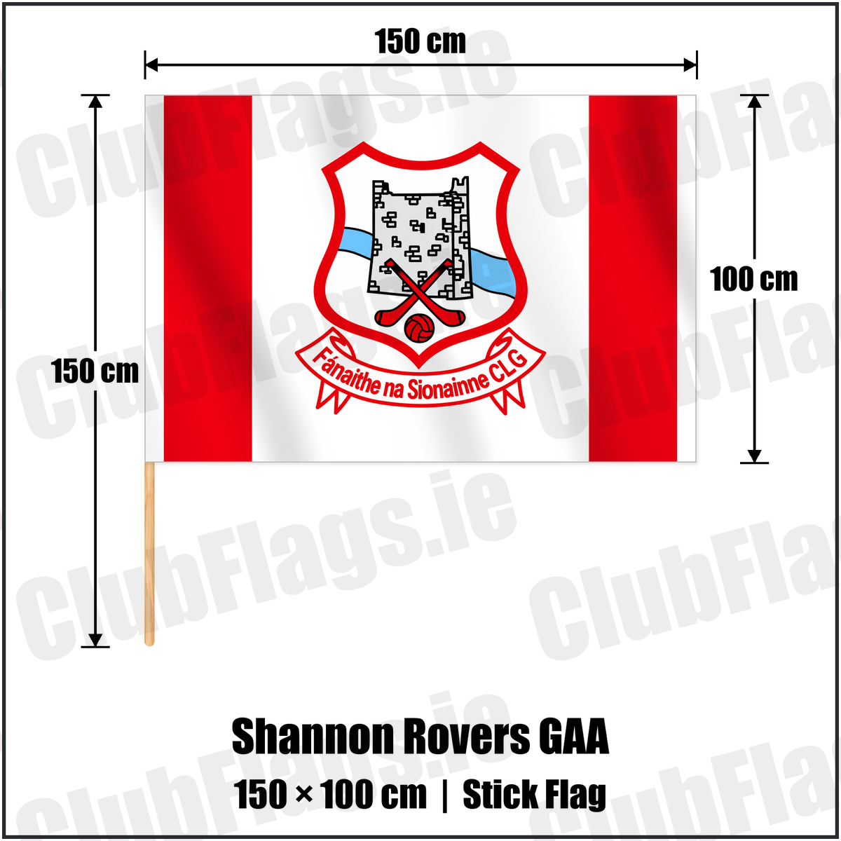Shannon Rovers GAA 100cm x 150cm Stick Flag with the club crest and colours, Tipperary GAA - ClubFlags.ie
