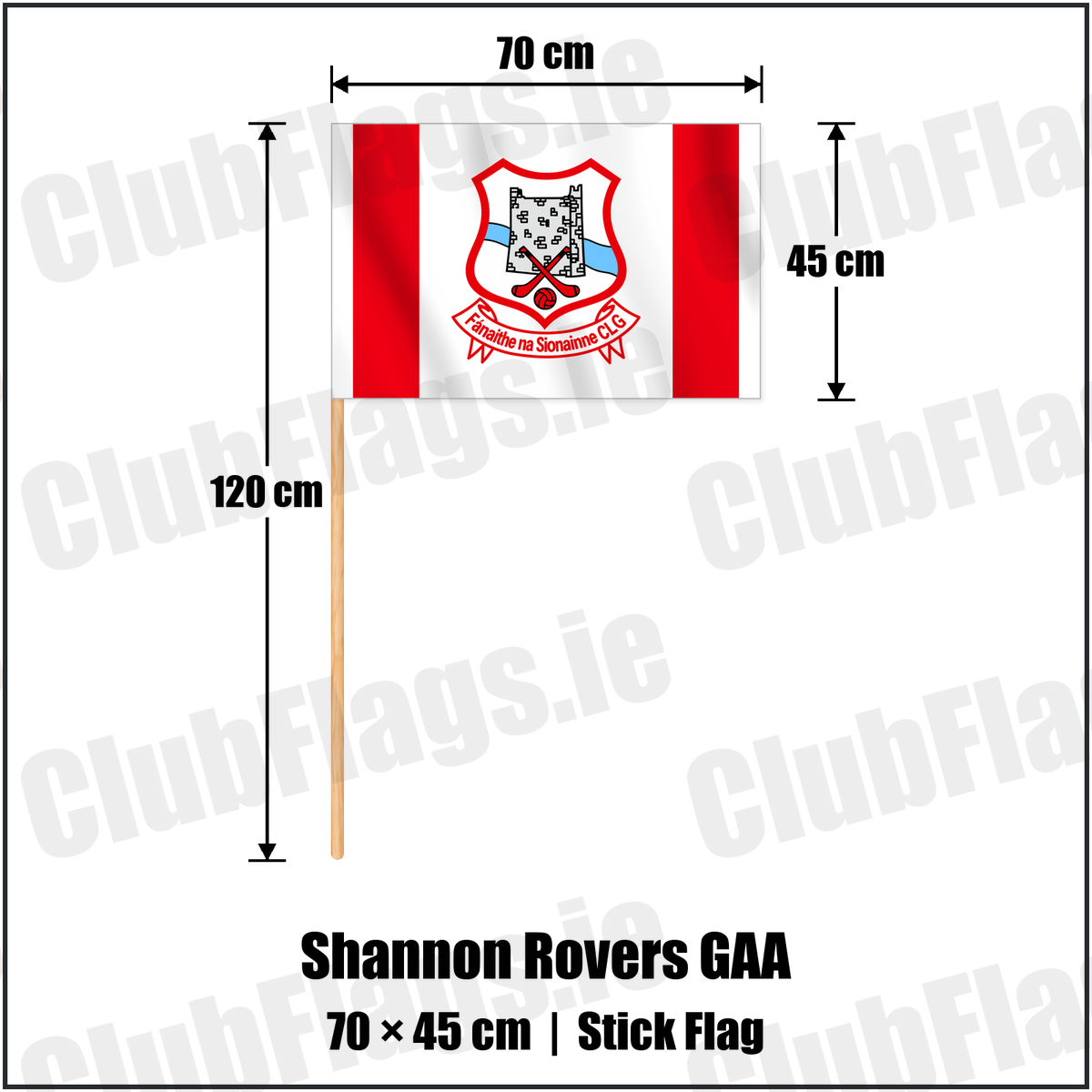 Shannon Rovers GAA 45cm x 70cm Stick Flag with the club crest and colours, Tipperary GAA - ClubFlags.ie