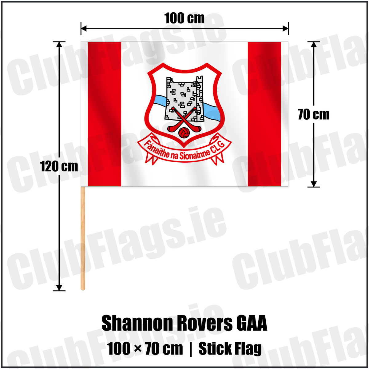 Shannon Rovers GAA 70cm x 100cm Stick Flag with the club crest and colours, Tipperary GAA - ClubFlags.ie