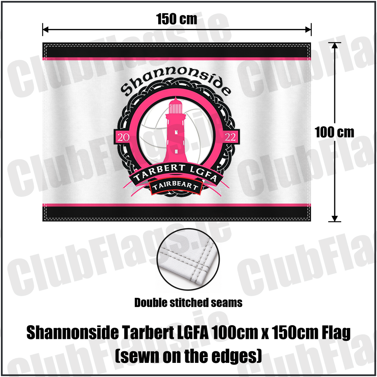 Shannonside Tarbert LGFA 100cm x 150cm Flag (sewn on the edges), featuring the club crest and black and pink and white colours; Shannonside Tarbert ladies Gaelic football, County Kerry. ClubFlags.ie.