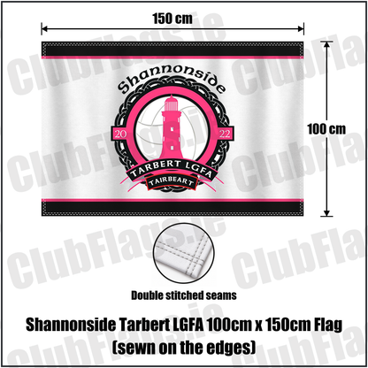 Shannonside Tarbert LGFA 100cm x 150cm Flag (sewn on the edges), featuring the club crest and black and pink and white colours; Shannonside Tarbert ladies Gaelic football, County Kerry. ClubFlags.ie.