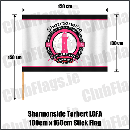 Shannonside Tarbert LGFA 100cm x 150cm Stick Flag, featuring the club crest and black and pink and white colours; Shannonside Tarbert ladies Gaelic football, County Kerry. ClubFlags.ie.