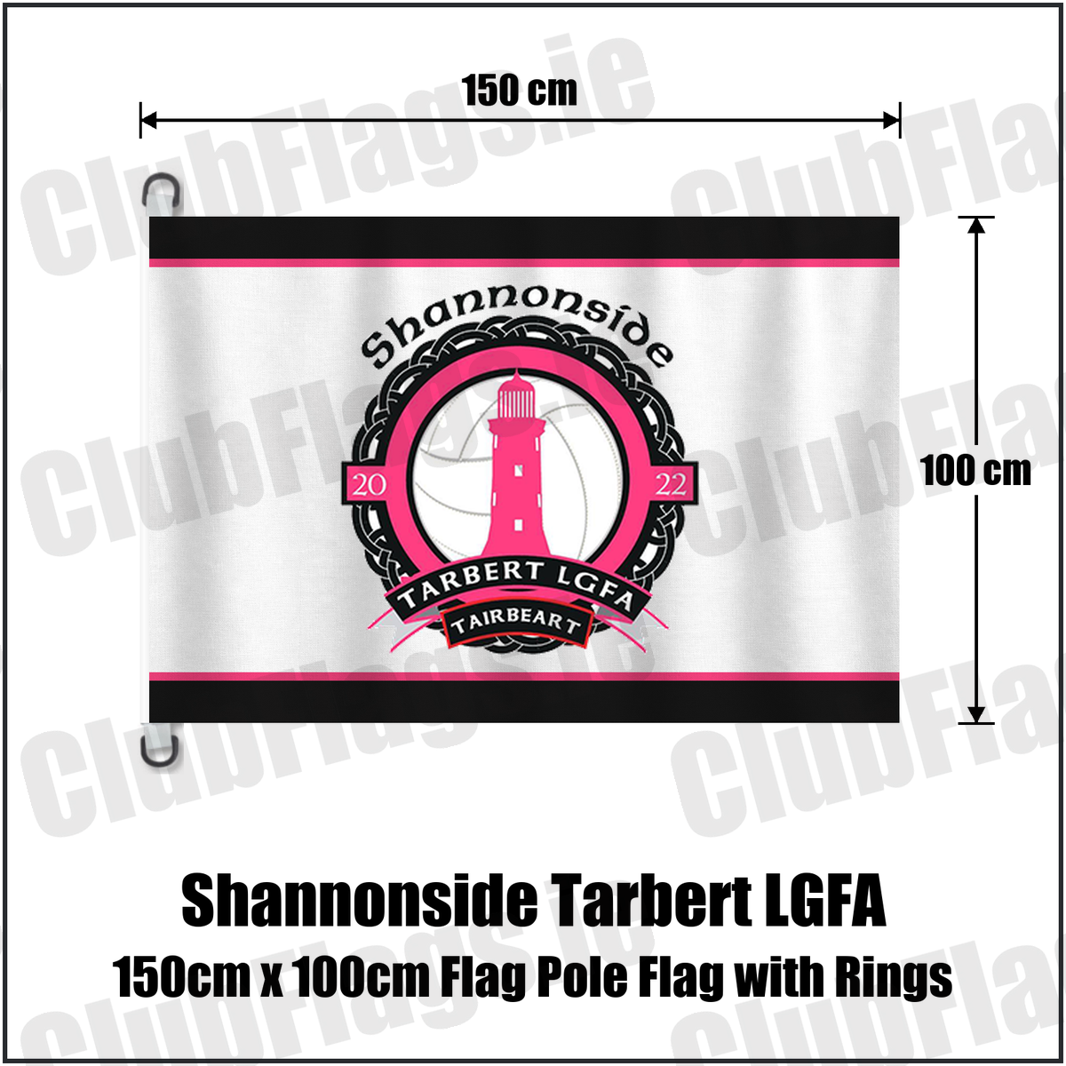Shannonside Tarbert LGFA 150cm x 100cm Flag Pole Flag with Rings, featuring the club crest and black and pink and white colours; Shannonside Tarbert ladies Gaelic football, County Kerry. ClubFlags.ie.