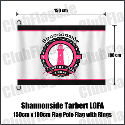 Shannonside Tarbert LGFA 150cm x 100cm Flag Pole Flag with Rings, featuring the club crest and black and pink and white colours; Shannonside Tarbert ladies Gaelic football, County Kerry. ClubFlags.ie.