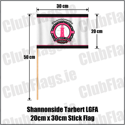 Shannonside Tarbert LGFA 20cm x 30cm Stick Flag, featuring the club crest and black and pink and white colours; Shannonside Tarbert ladies Gaelic football, County Kerry. ClubFlags.ie.