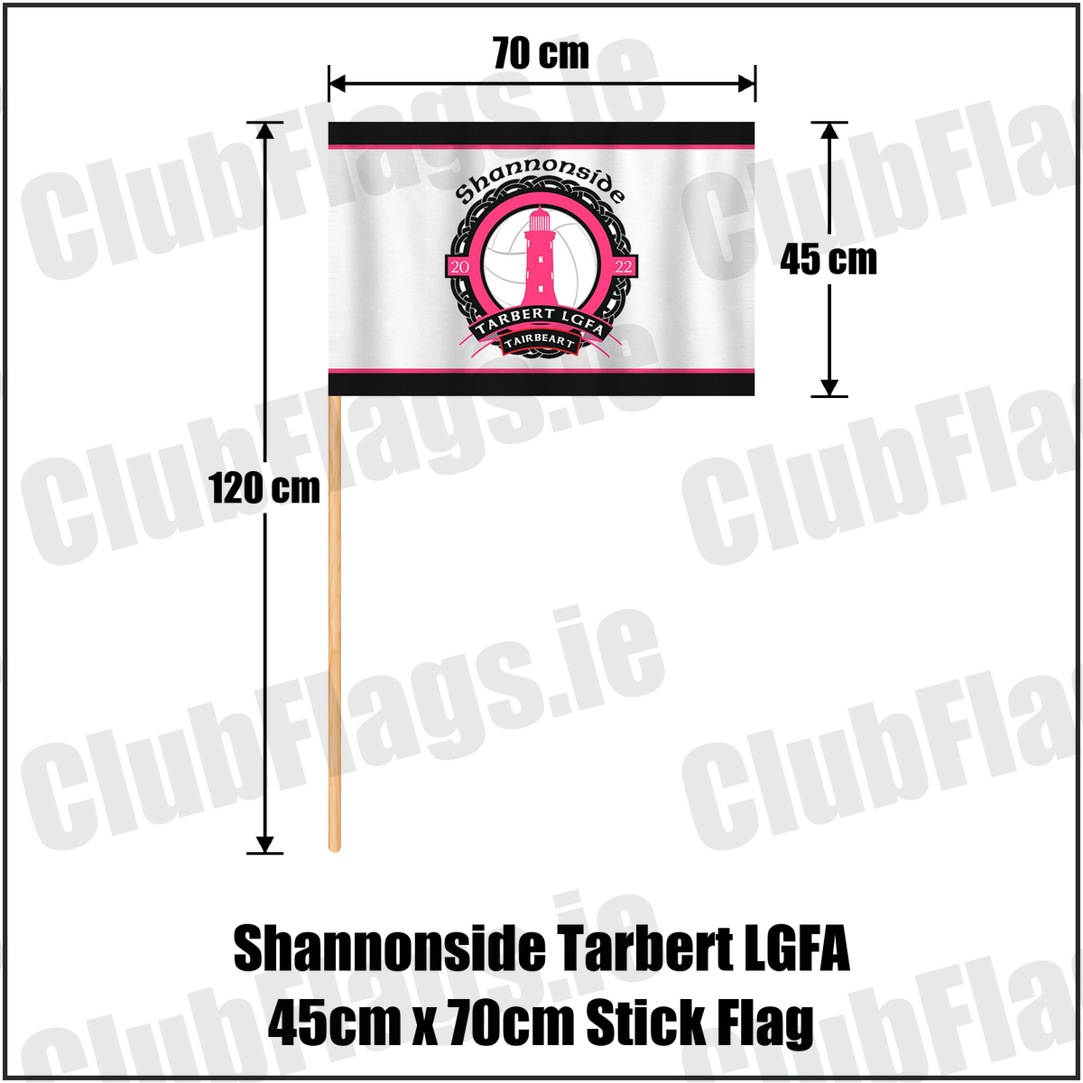Shannonside Tarbert LGFA 45cm x 70cm Stick Flag, featuring the club crest and black and pink and white colours; Shannonside Tarbert ladies Gaelic football, County Kerry. ClubFlags.ie.