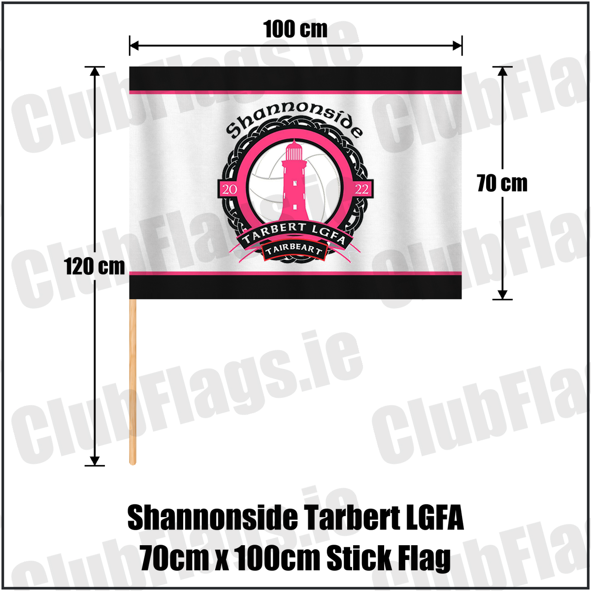 Shannonside Tarbert LGFA 70cm x 100cm Stick Flag, featuring the club crest and black and pink and white colours; Shannonside Tarbert ladies Gaelic football, County Kerry. ClubFlags.ie.