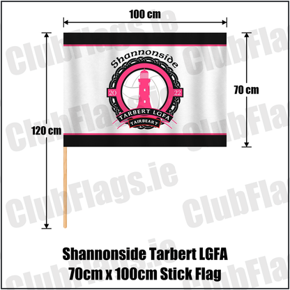 Shannonside Tarbert LGFA 70cm x 100cm Stick Flag, featuring the club crest and black and pink and white colours; Shannonside Tarbert ladies Gaelic football, County Kerry. ClubFlags.ie.
