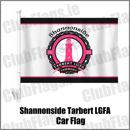Shannonside Tarbert LGFA Car Flag, featuring the club crest and black and pink and white colours; Shannonside Tarbert ladies Gaelic football, County Kerry. ClubFlags.ie.