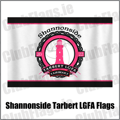Shannonside Tarbert LGFA Flags, featuring the club crest and black and pink and white colours; Shannonside Tarbert ladies Gaelic football, County Kerry. ClubFlags.ie.