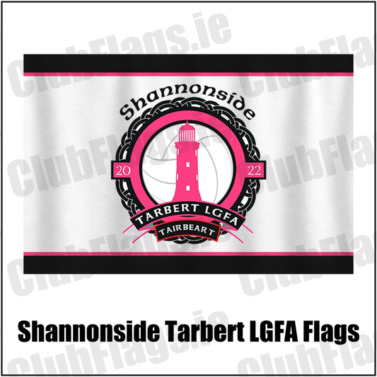 Shannonside Tarbert LGFA Flags, featuring the club crest and black and pink and white colours; Shannonside Tarbert ladies Gaelic football, County Kerry. ClubFlags.ie.