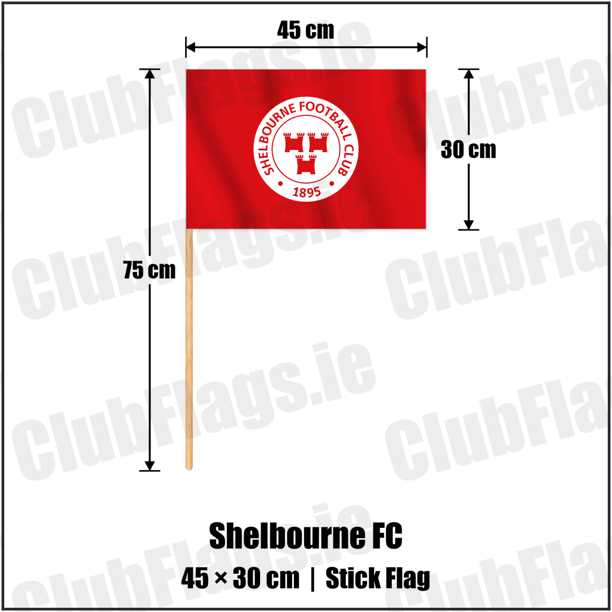 Shelbourne FC 30cm x 45cm Stick Flag with the club crest and colours, Dublin Football - ClubFlags.ie